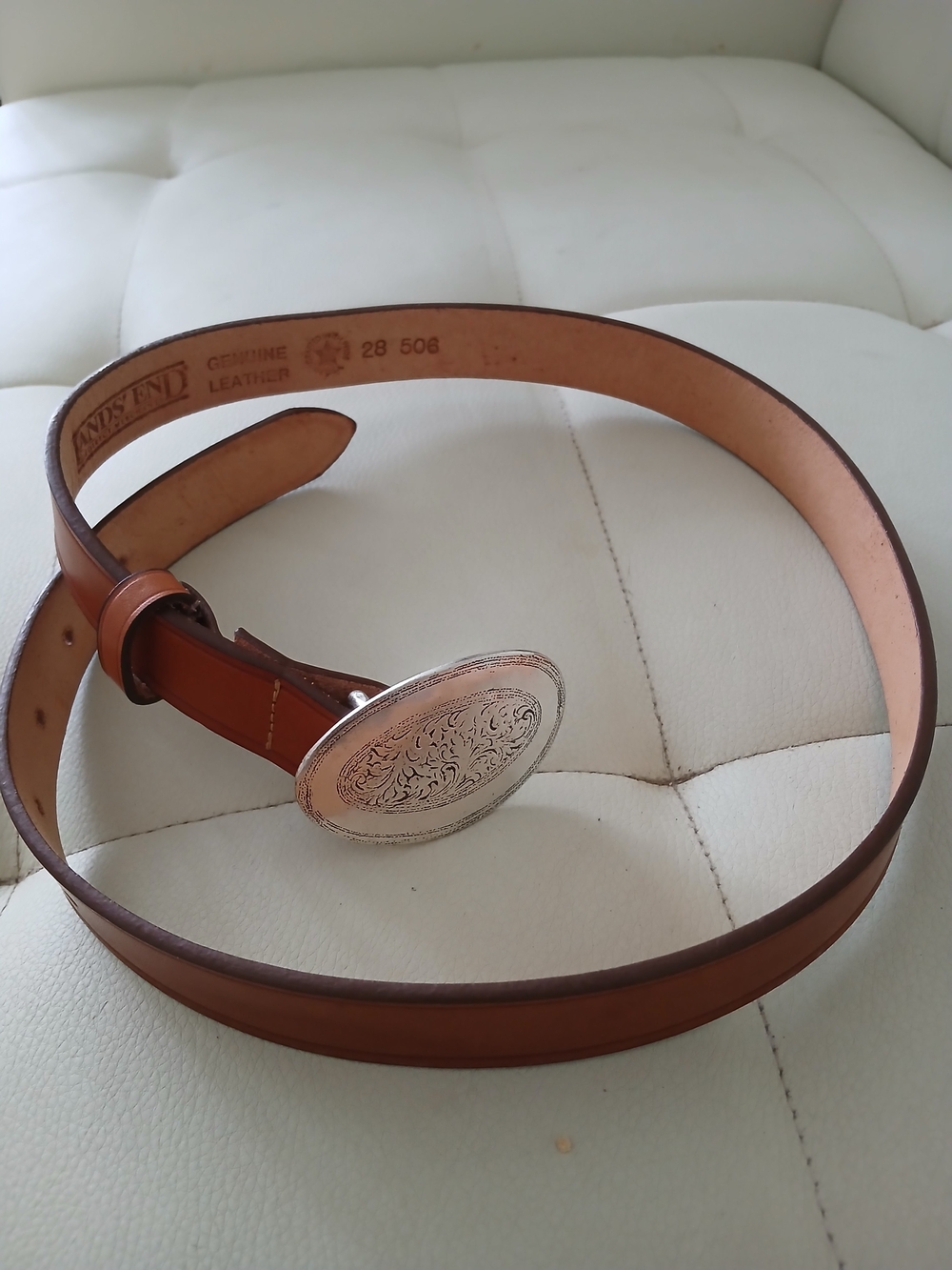 Lands' End Natural Tan Leather Belt with Silver-Tone Buckle